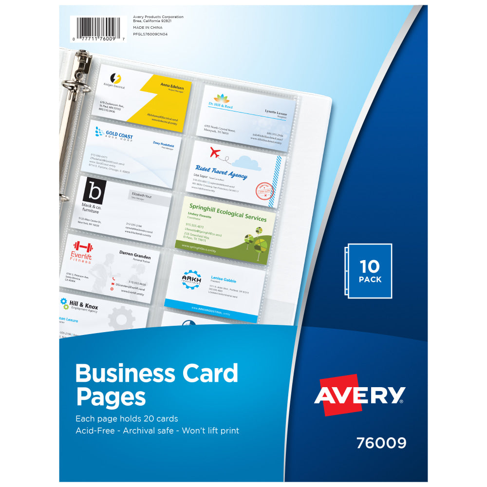 Avery Business Card Organizer 3-Ring Binder Pages, 8-1/2in x 11in, Clear, Pack Of 10 Pages