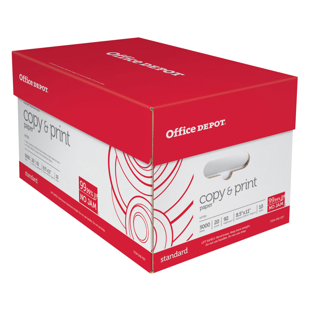 Office Depot Multi-Use Printer & Copy Paper, White, Letter (8.5in x 11in), 5000 Sheets Per Case, 20 Lb, 92 Brightness, Case Of 10 Reams