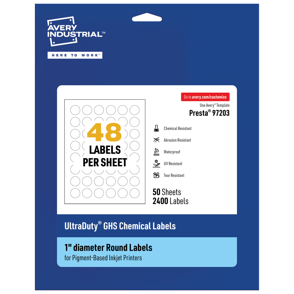 Avery Ultra Duty Permanent GHS Chemical Labels, 97203-WMUI50, Round, 1in Diameter, White, Pack Of 2,400