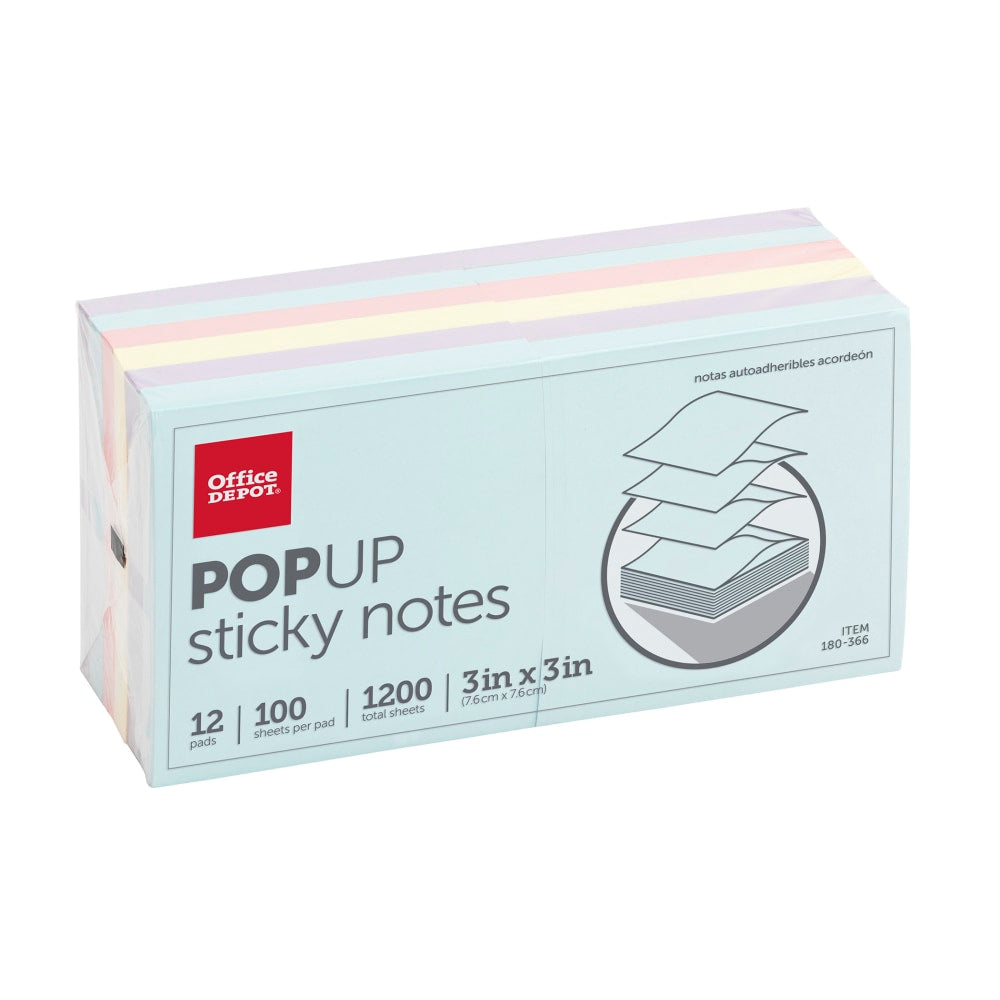 Office Depot Brand Pop Up Sticky Notes, 3in x 3in, Assorted Pastel Colors, 100 Sheets Per Pad, Pack Of 12 Pads