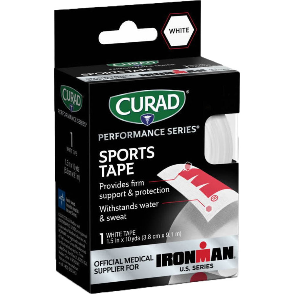 CURAD IRONMAN Performance Series Sports Tape, 1-1/2in x 10 Yd, White/Red, Pack Of 24 Rolls