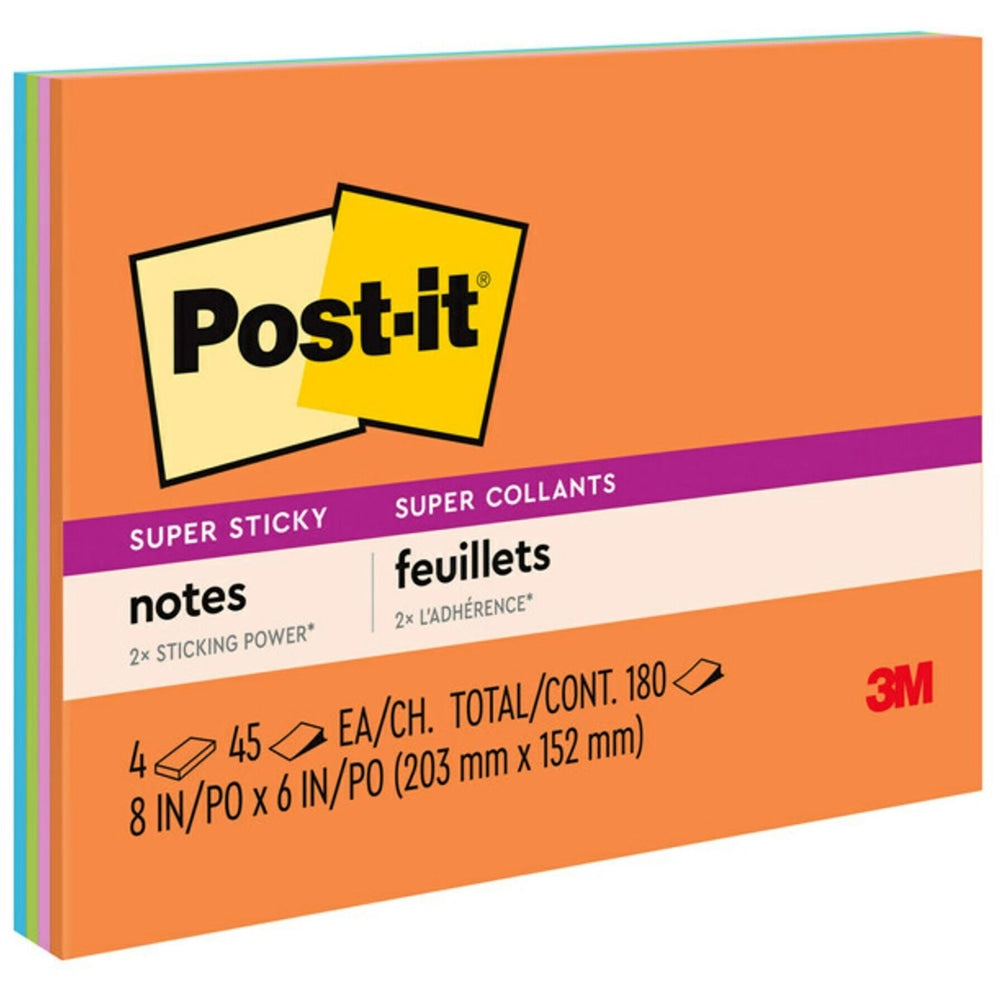 Post-it Super Sticky Notes, 8 in x 6 in, 4 Pads, 45 Sheets/Pad, 2x the Sticking Power, Energy Boost Collection