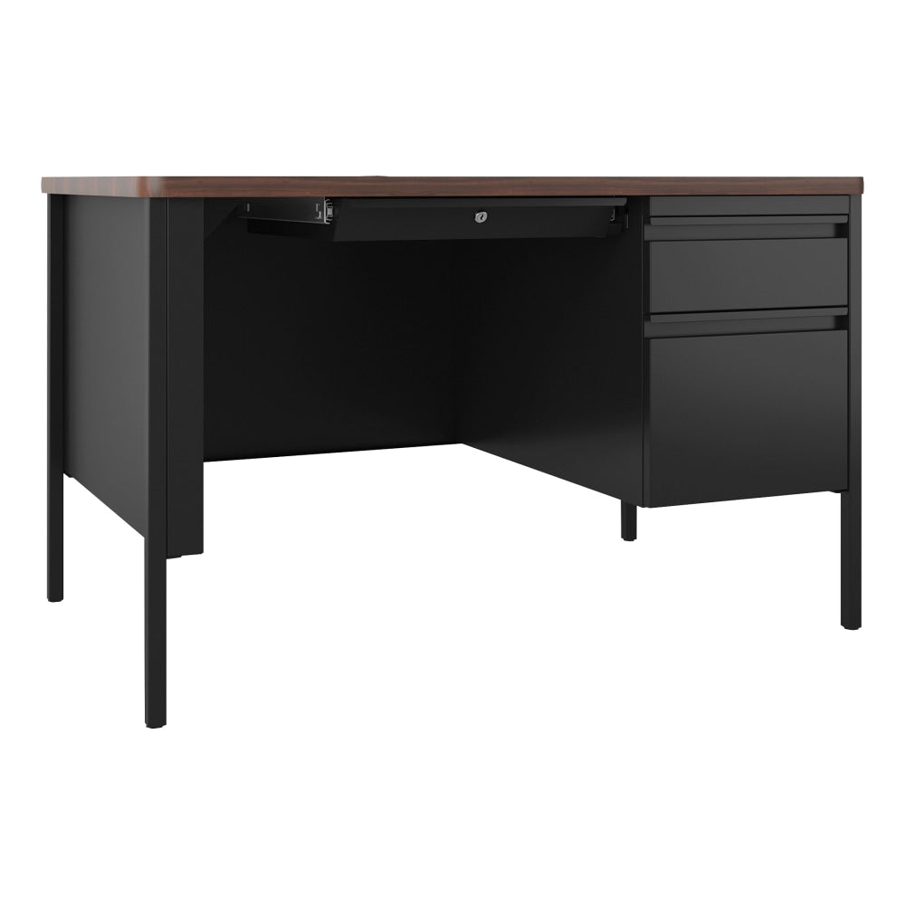 Lorell Fortress 48inW Steel Right-Pedestal Teachers Computer Desk, Black/Walnut