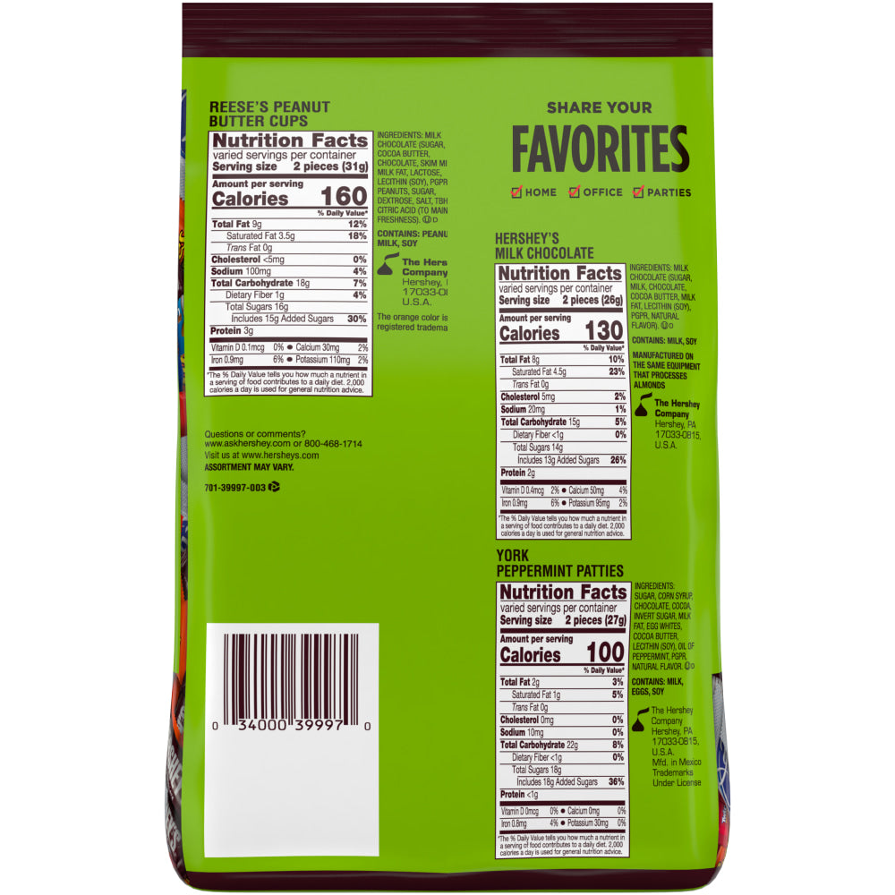 Hersheys Mini Milk Chocolate, Reeses Peanut Butter Cups, Almond Joy, York Peppermint Patties Assortment Stand-Up Bag, 33.43 Oz