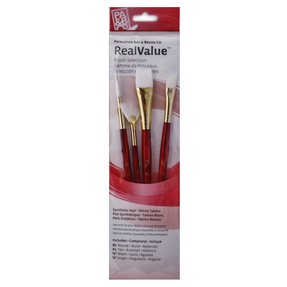 Princeton Real Value Series 9120 Red-Handle Brush Set, Assorted Sizes, Synthetic, Red, Set Of 4