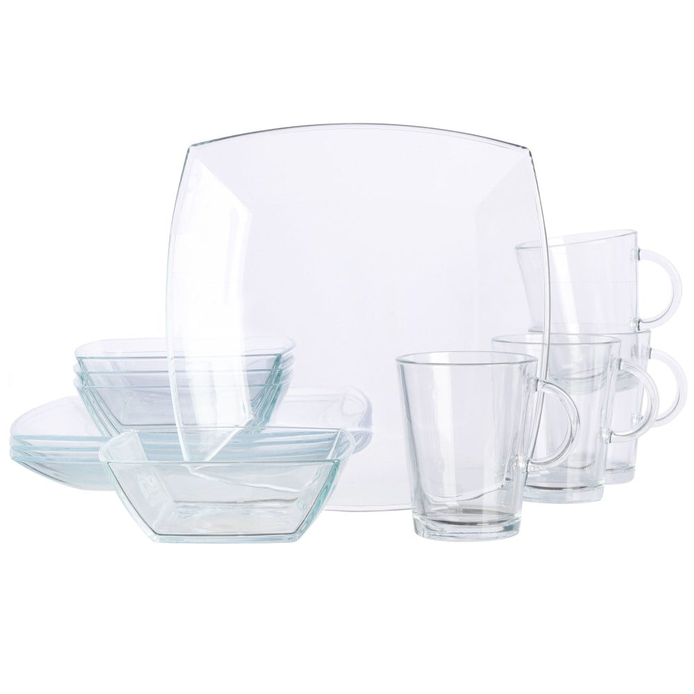 Gibson Elite Soho Lounge 12-Piece Square Glass Dinnerware Set, Clear