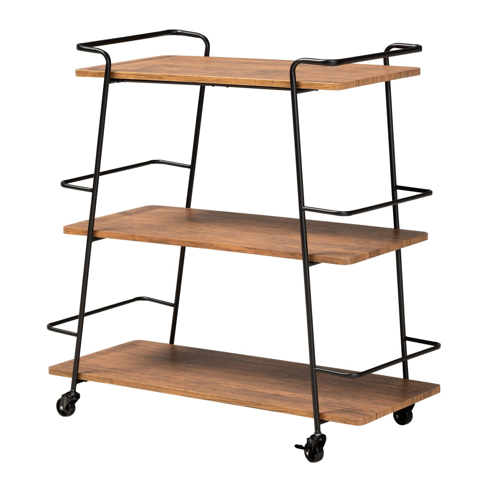 Baxton Studio Bernard 3-Tier Mobile Wine Bar Cart, 35-7/16in x 35in, Black/Walnut