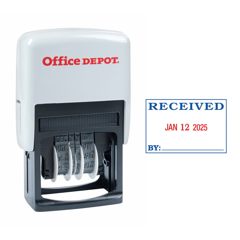 Office Depot Brand Received Date Stamp Dater, Self-Inking With Extra Pad, 1in x 1-3/4in Impression, Red And Black Ink