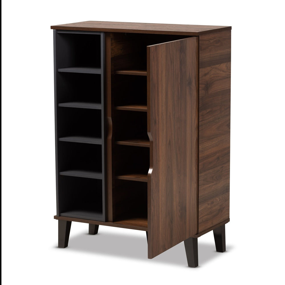 Baxton Studio Idina 2-Tone 1-Door Shoe Cabinet, Walnut/Gray/Dark Brown