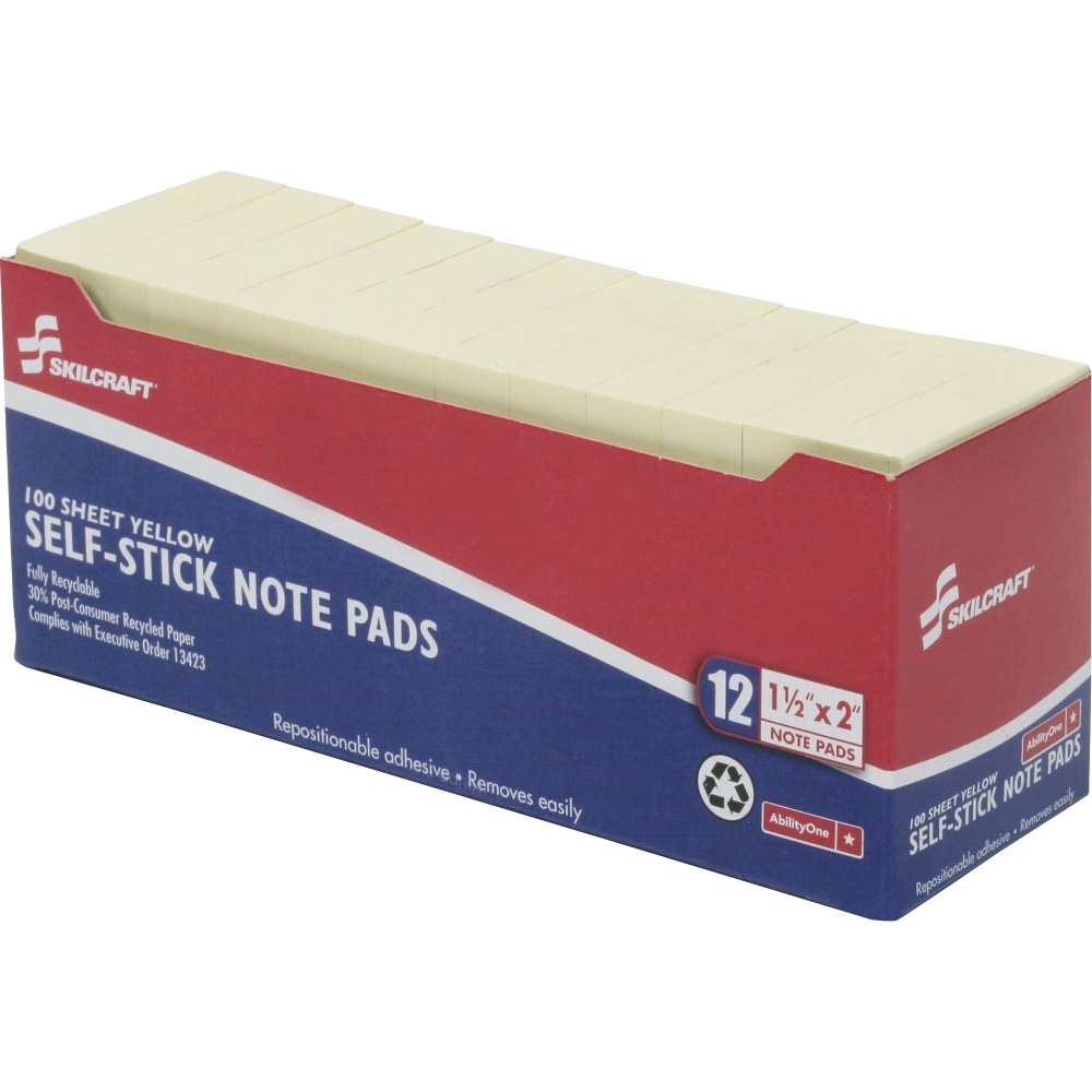 SKILCRAFT Self-Stick Notes, 1200 Total Notes, Pack Of 12 Pads, 1-1/2in x 2in, Yellow, 100 Notes Per Pad