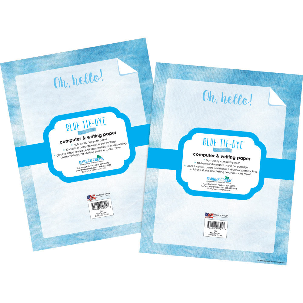 Barker Creek Designer Computer Paper, 8-1/2in x 11in, Blue Tie-Dye, 50 Sheets Per Pack, Set Of 2 Packs