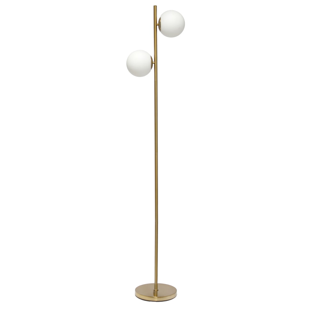 Simple Designs Tree Floor Lamp With Dual White Glass Globe Shades, 66inH, White Shades/Gold Base