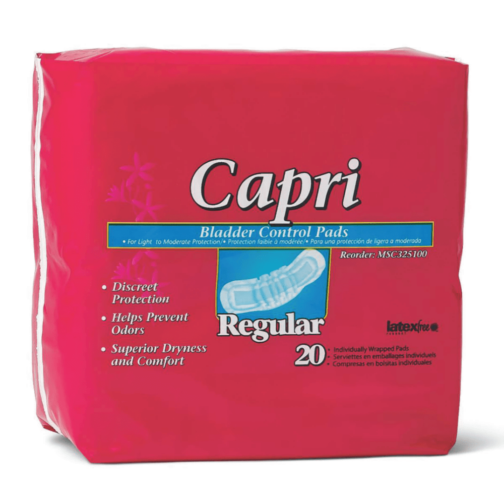 Capri Bladder Control Pads, Regular, 2 3/4in x 9 3/4in, White, 20 Pads Per Bag, Case Of 9 Bags