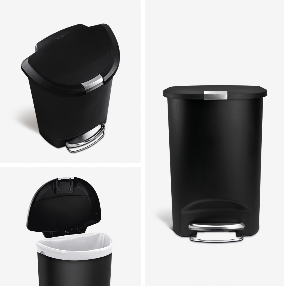 simplehuman Semi-Round Plastic Step Trash Can, 13 Gallons, 26-1/4inH x 18-3/4inW x 14-7/16inD, Black