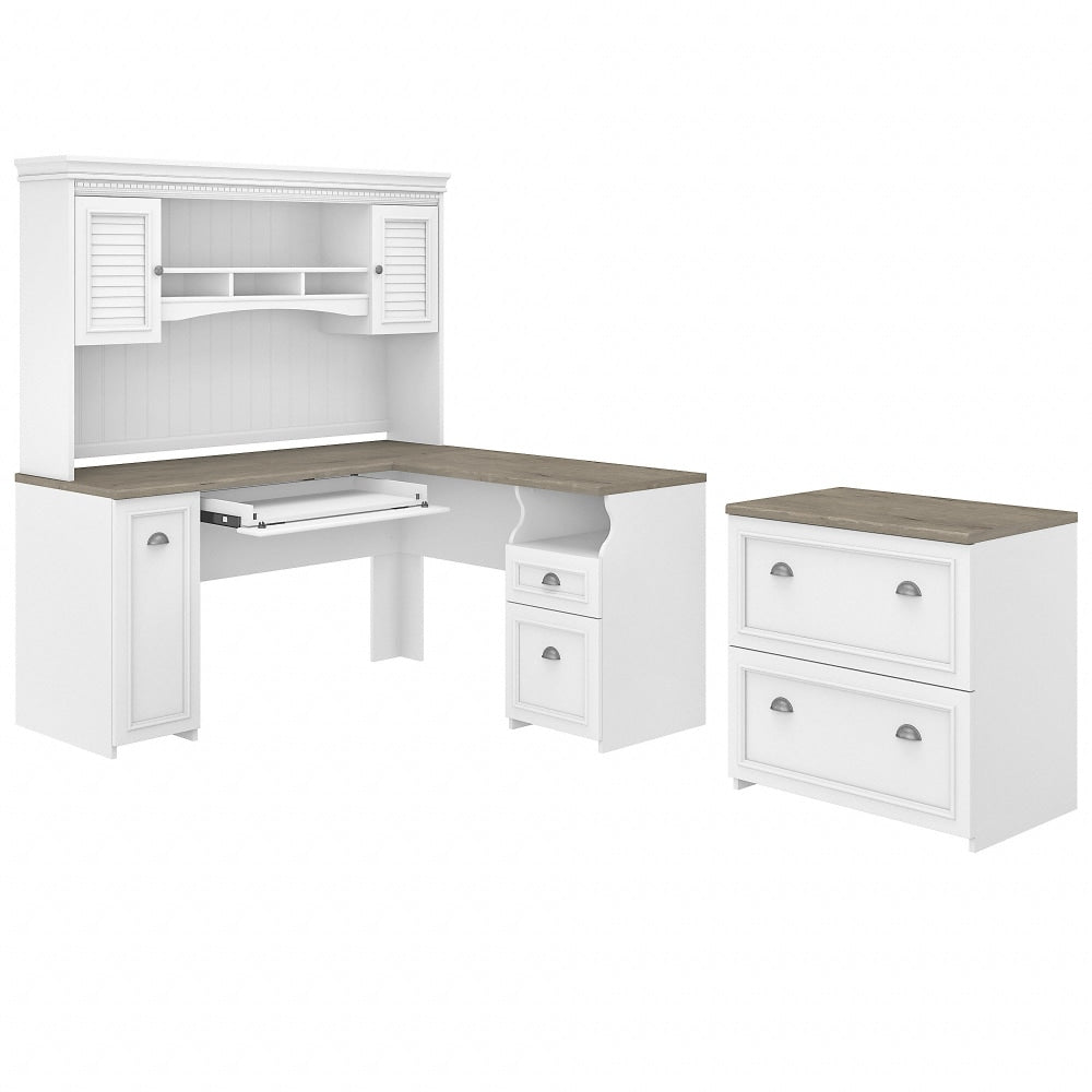 Bush Business Furniture Fairview 60inW L-Shaped Corner Desk With Hutch And Lateral File Cabinet, Shiplap Gray/Pure White, Standard Delivery