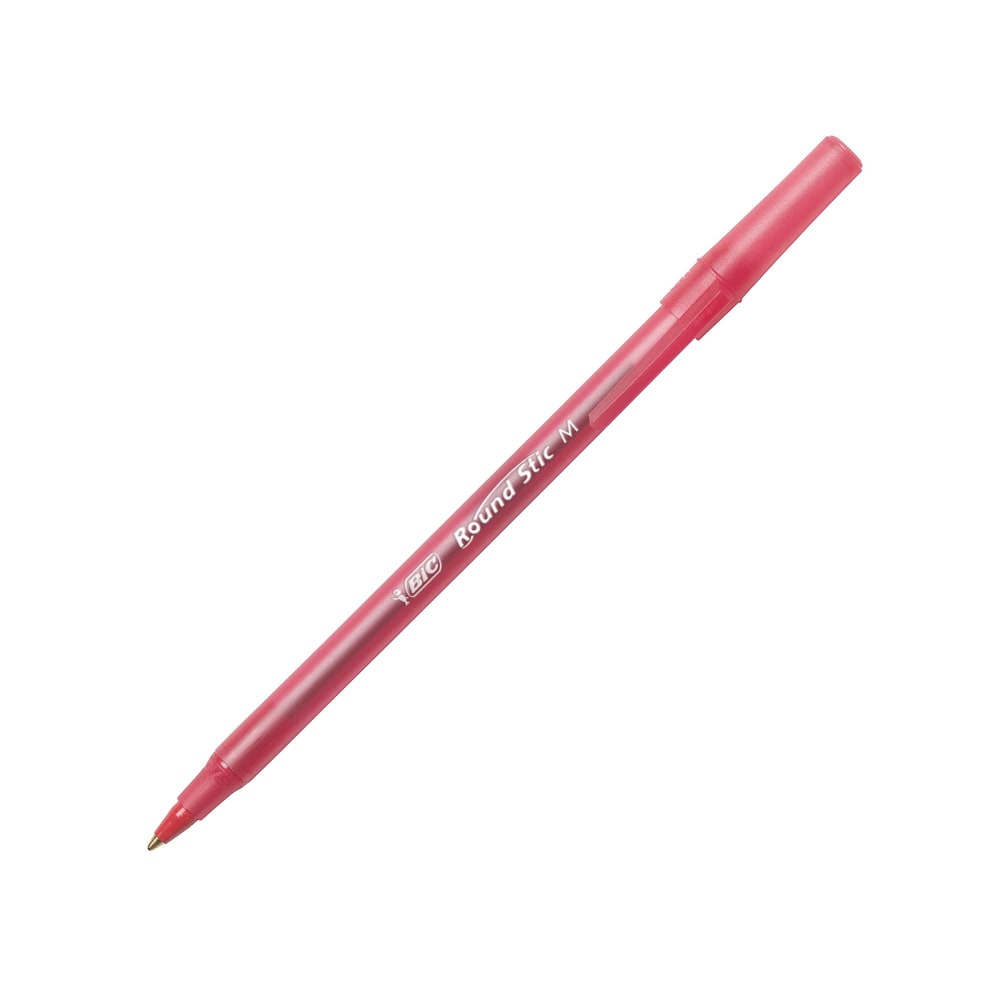 BIC Round Stic Ballpoint Pens, Medium Point, 1.0 mm, Translucent Barrel, Red Ink, Pack Of 12