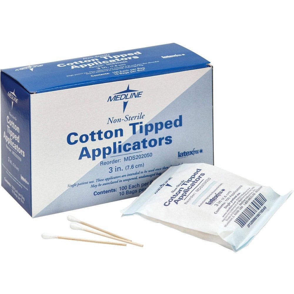 Medline Cotton Tip Applicators, 3in, Nonsterile, White, Box Of 1000