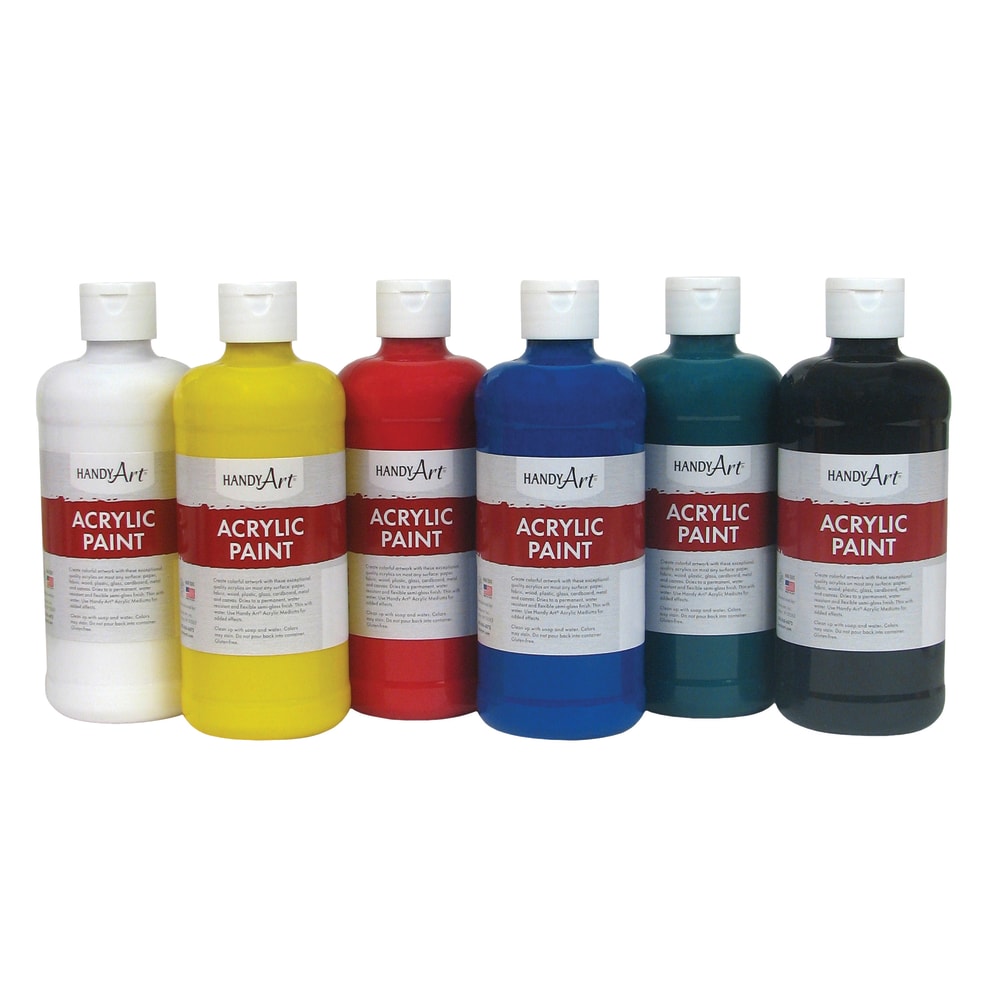 Handy Art Acrylic Paint Bottles, 16 Oz, Assorted Colors, Set Of 6 Bottles