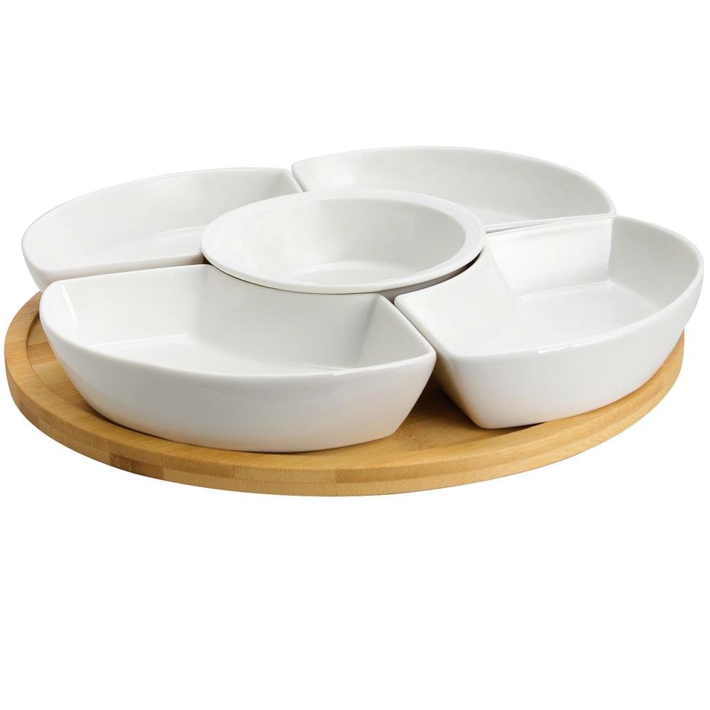 Elama Signature 6 Piece Lazy Susan Appetizer and Condiment Server Set with 5 Serving Dishes and a Bamboo Lazy Suzan Serving Tray