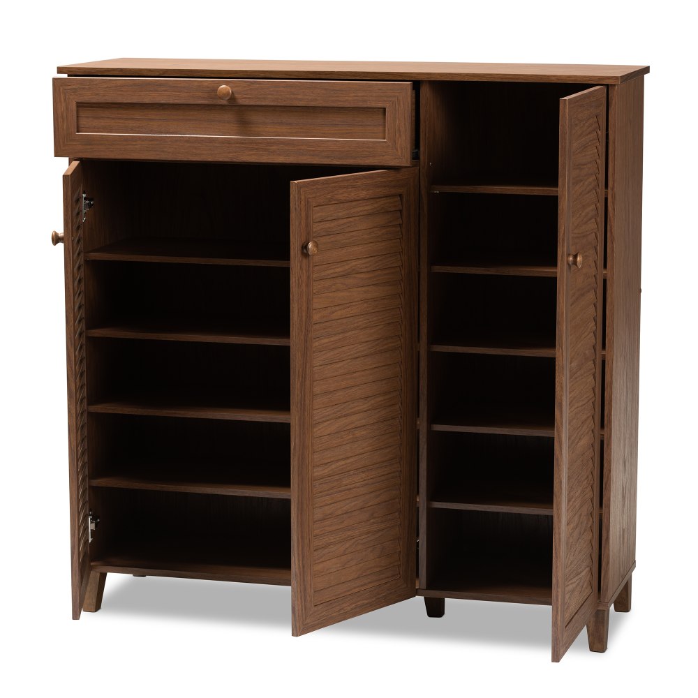 Baxton Studio Coolidge Finished 11-Shelf Wood Shoe Storage Cabinet With Drawer, Walnut