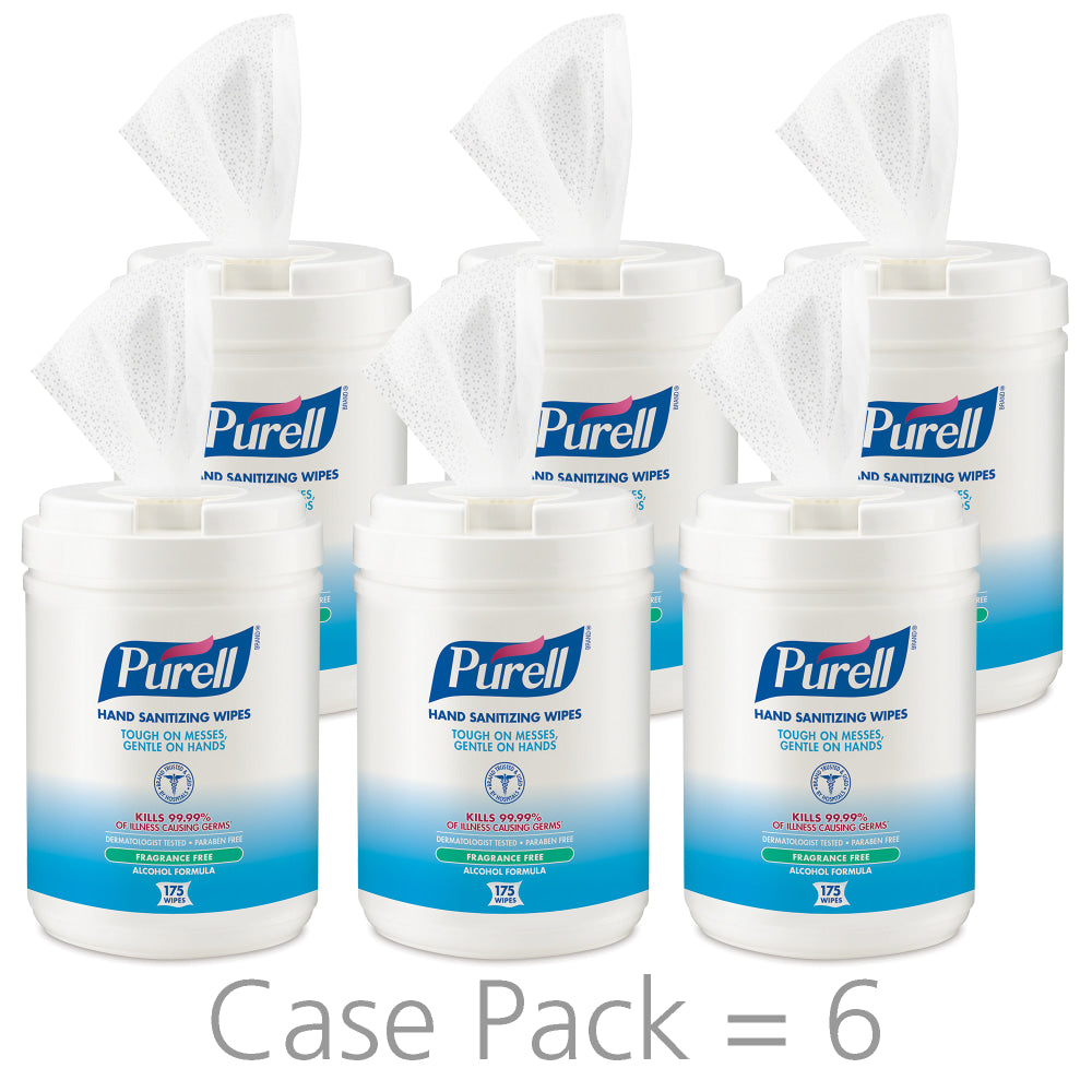 PURELL Alcohol Hand Sanitizing Wipes - 6in x 7in - White - Residue-free, Dye-free, Fragrance-free, Non-sticky, Non-irritating, Non-irritating, Hypoallergenic, Durable, Pre-moistened, Lint-free, Textured - For Hand - 175 Per Canister - 6 / Carton