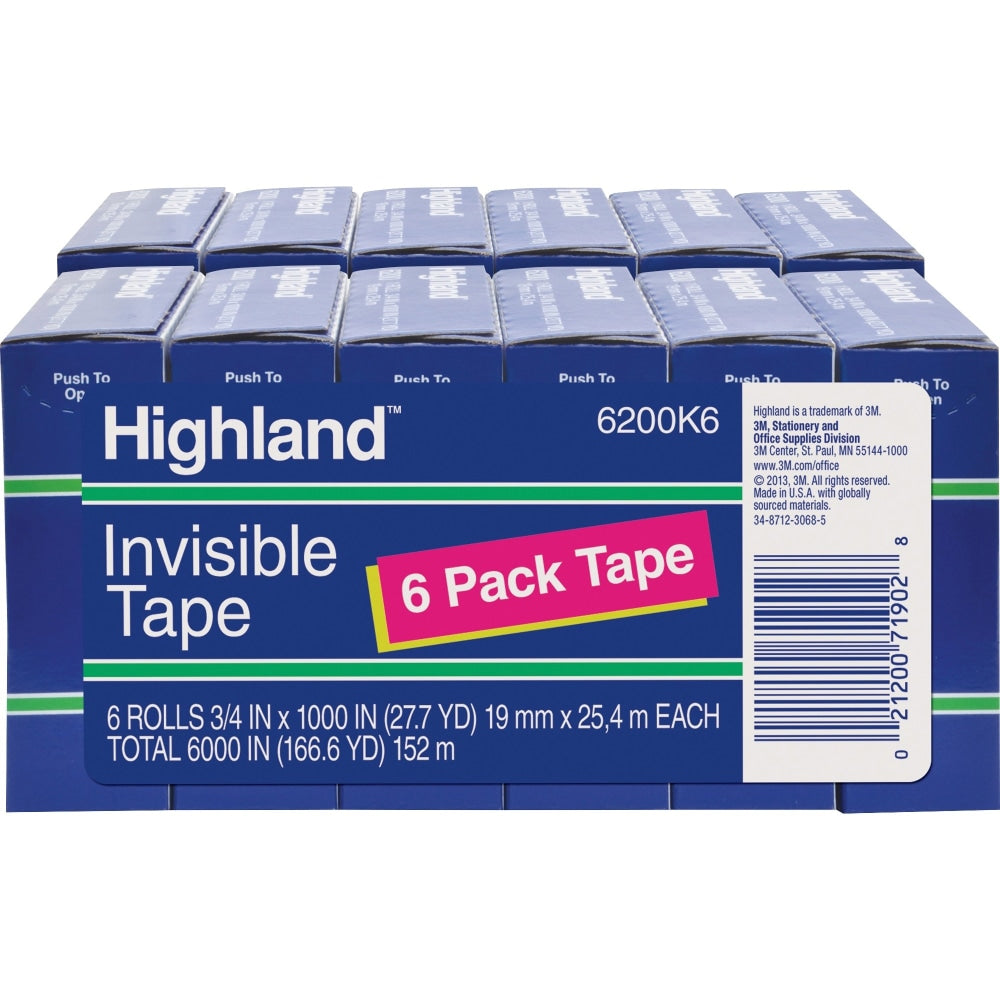 Highland 3/4inW Matte-finish Invisible Tape - 27.78 yd Length x 0.75in Width - 1in Core - 12 / Bundle - Matte Clear