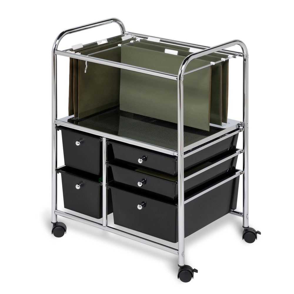 Honey-Can-Do 5-Drawer Plastic/Steel Hanging File Rolling Office Cart, 38 1/2inH x 21 1/2inW x 15 1/4inD, Chrome/Black