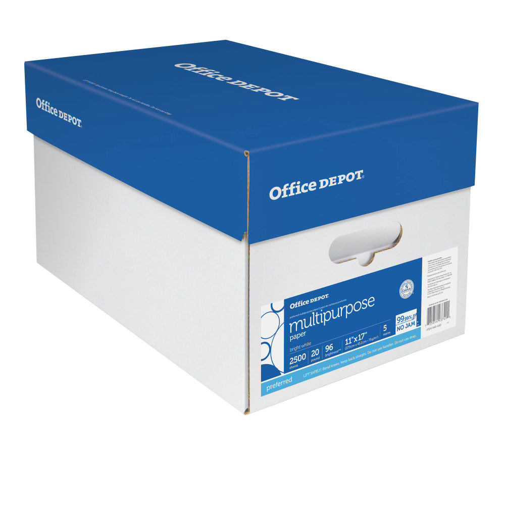 Office Depot Multi-Use Printer & Copy Paper, White, Ledger (11in x 17in), 2500 Sheets Per Case, 20 Lb, 96 Brightness, Case Of 5 Reams