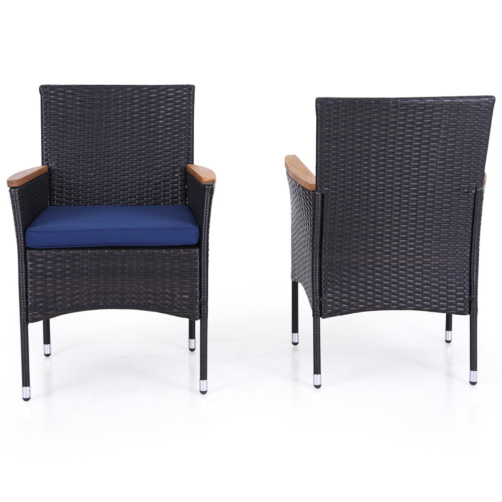 PHI VILLA Rattan Steel Patio Outdoor Dining Chairs, Dark Brown/Blue, Set Of 2 Chairs