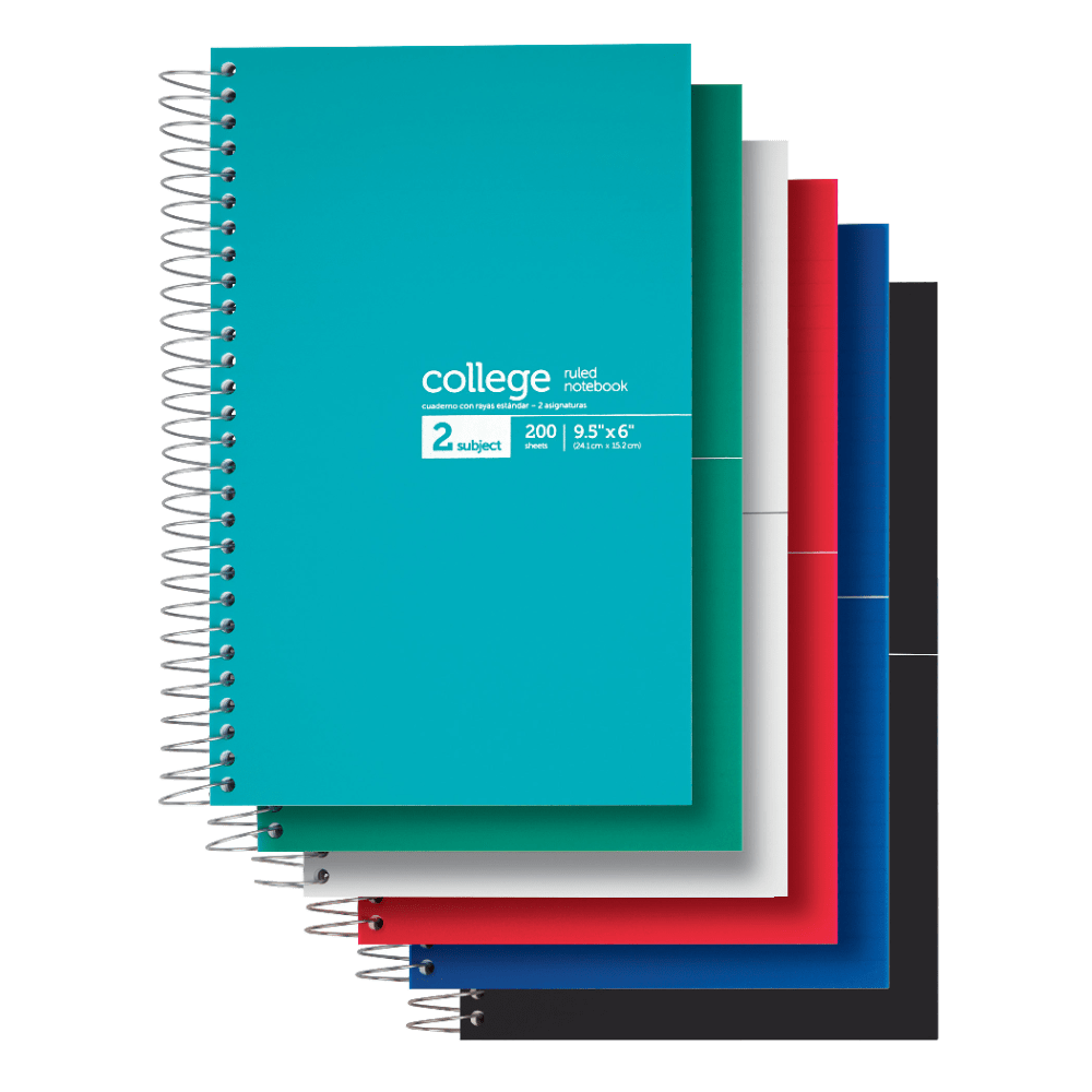 Office Depot Brand Notebook, 9 1/2in x 6in, 2 Subjects, College Ruled, 400 Pages (200 Sheets), Assorted Colors