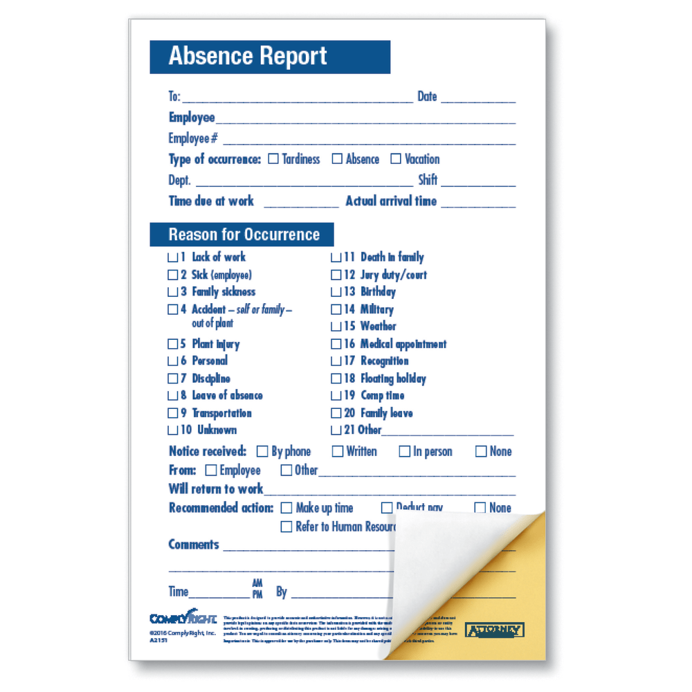 ComplyRight Absence Reports, Compact 2-Part, 5 1/2in x 8 1/2in, Pack Of 50