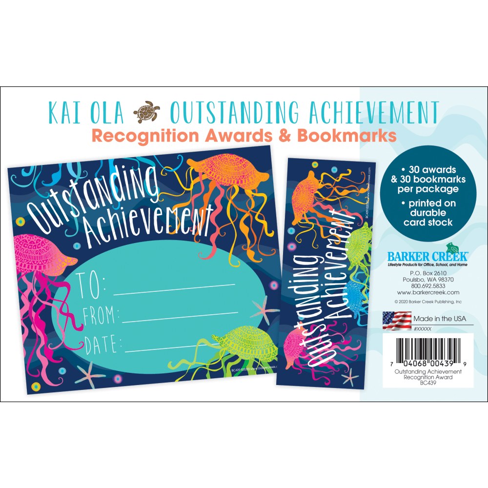 Barker Creek Kai Ola Awards & Bookmarks Set, Outstanding Achievement, 8-1/2in x 5-1/2in, Set Of 30