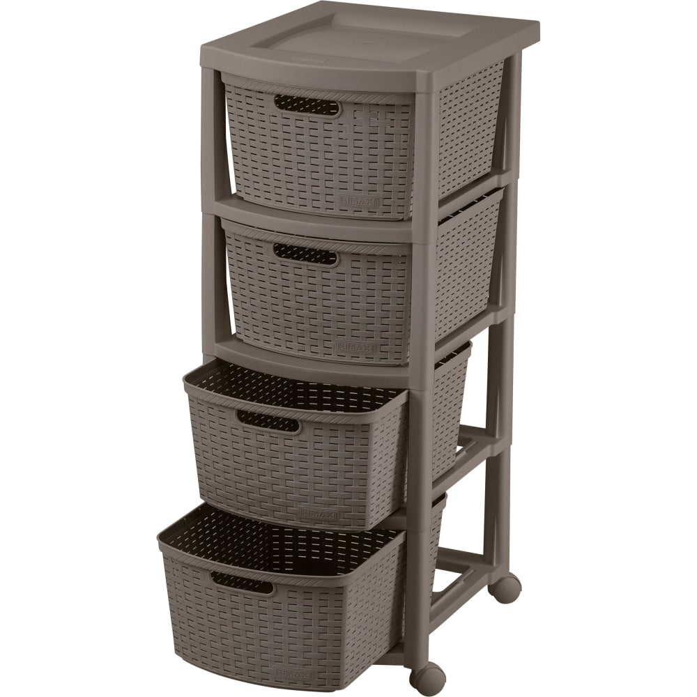 Rimax Plastic 4-Drawer Rolling Storage Cart, 32 15/16in x 13in x 15 7/16in, Mocha