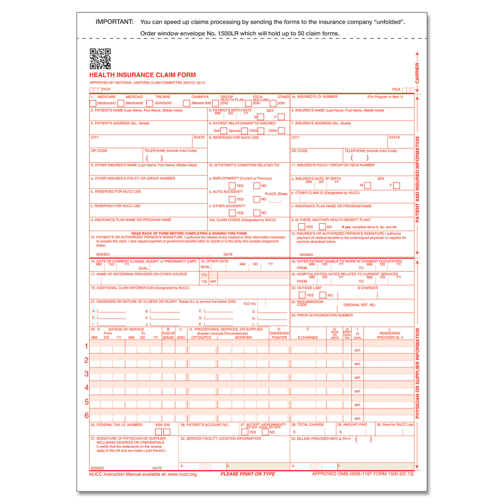 ComplyRight CMS-1500 Health Insurance Claim Form (02/12), 2-Part, 9in x 11in, White/Canary, Pack of 500