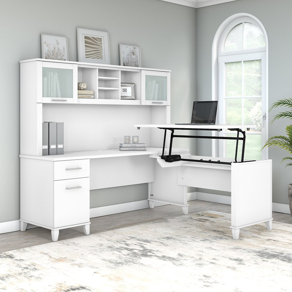 Bush Furniture Somerset 72inW 3-Position Sit-To-Stand L-Shaped Desk With Hutch, White, Standard Delivery