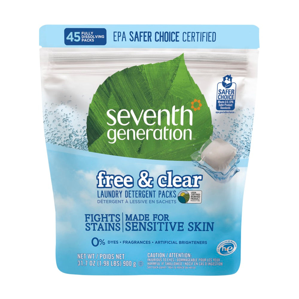 Seventh Generation Free & Clear Laundry Detergent Packs, Unscented, Pack Of 45