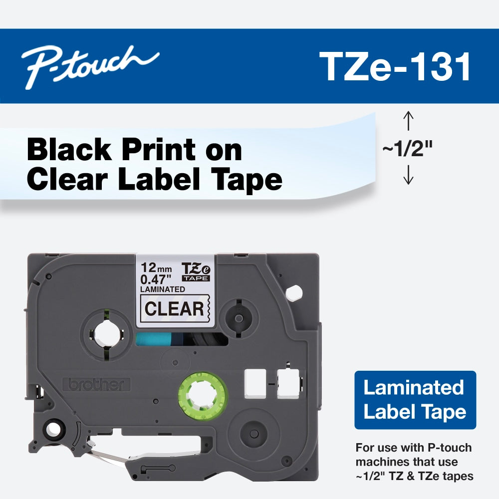 Brother TZe-131 Black-On-Clear Tape, 0.5in x 26.2ft