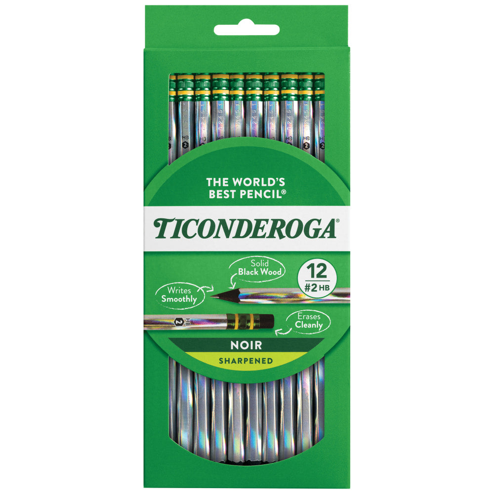 Ticonderoga Noir Black Wood Pencils, #2 Soft Lead, Pre-Sharpened, Black/Silver, Pack Of 12 Pencils