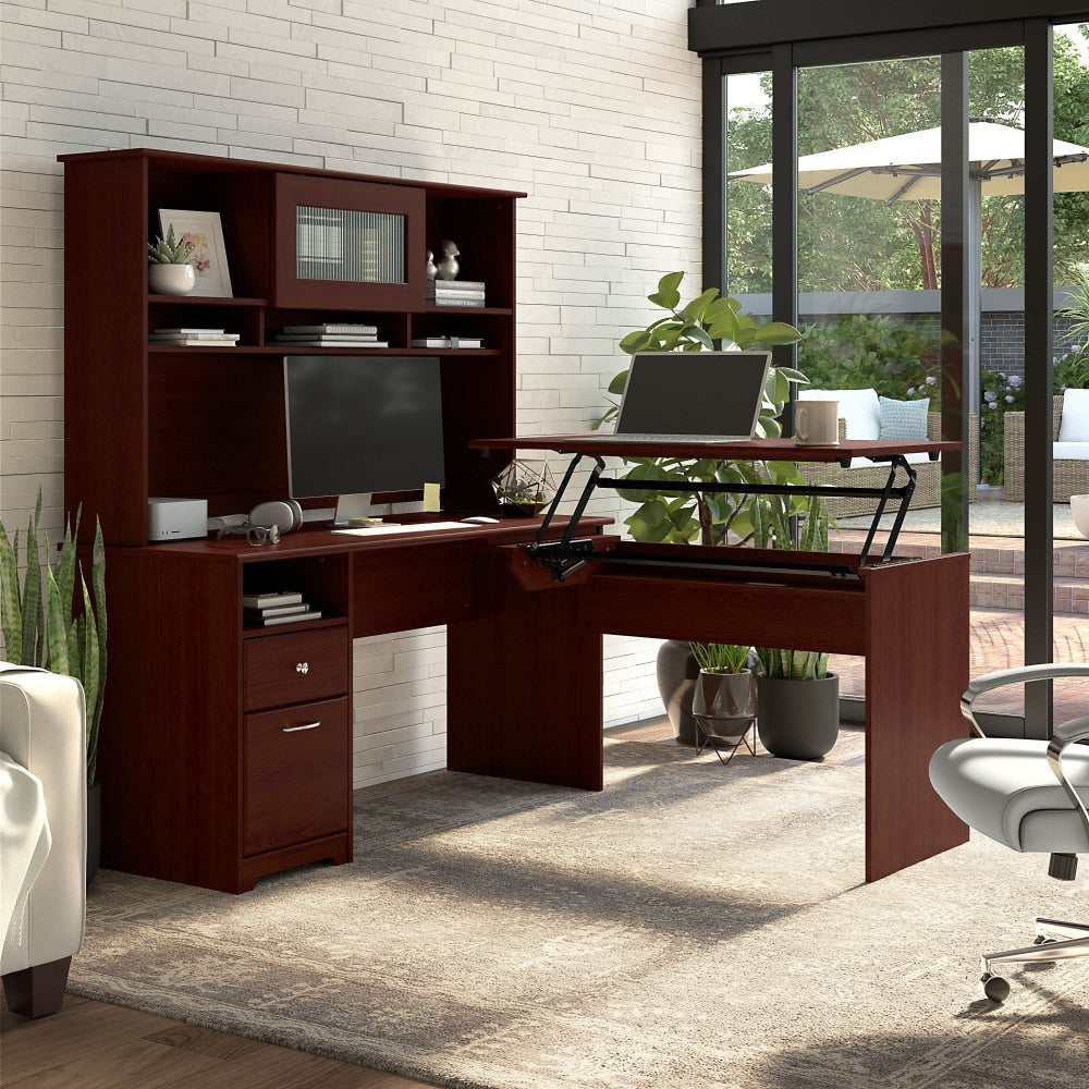 Bush Furniture Cabot 3 Position L Shaped Sit to Stand Desk with Hutch, 60inW, Harvest Cherry, Standard Delivery