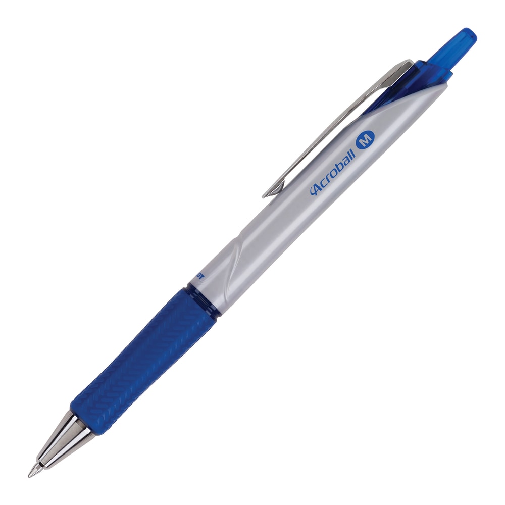 Pilot Acroball Pro Retractable Ball Point Pens, Medium Point, 1.0 mm, Silver Barrel, Blue Ink, Pack of 12 Pens