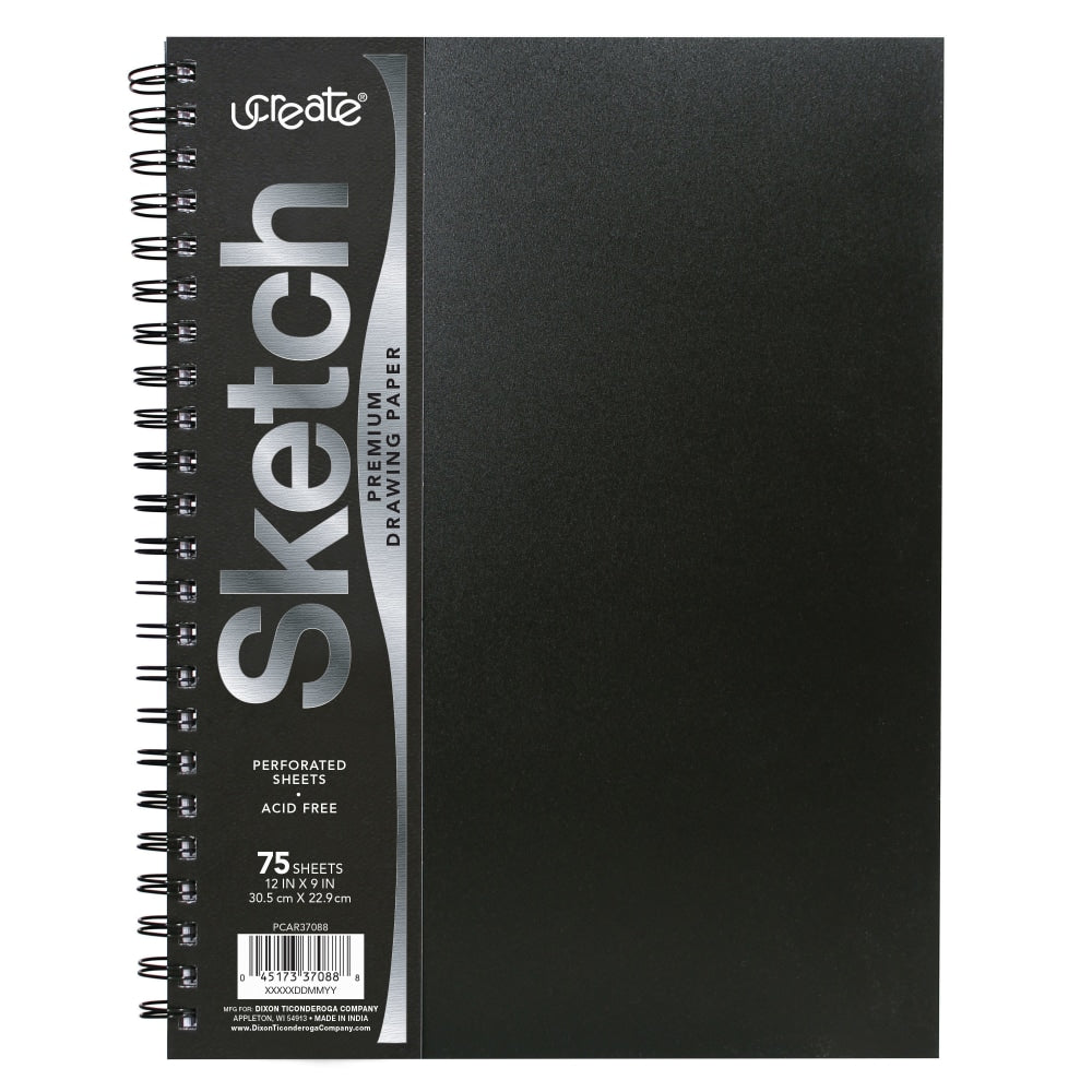 UCreate Heavyweight Sketch Book, 12in x 9in, Unruled, 75 Sheets, Black