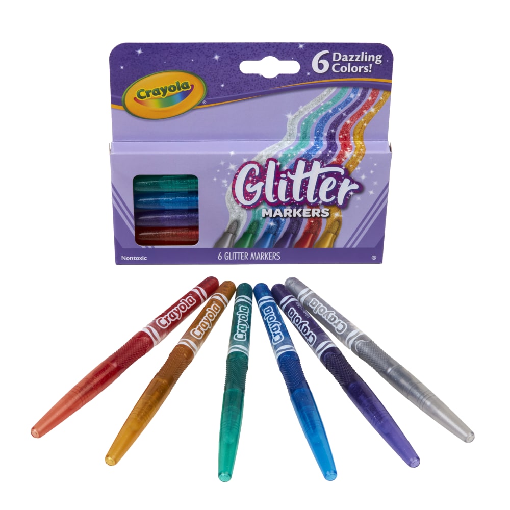 Crayola Glitter Markers, Bullet Point, Assorted Colors, Pack Of 6