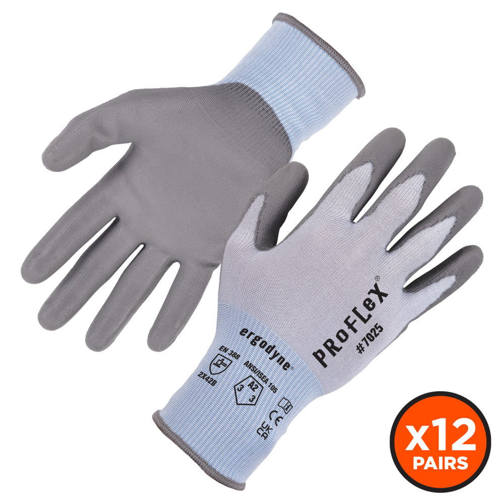 Ergodyne Proflex 7025-12PR PU-Coated Cut-Resistant Gloves, Large, Blue, 12PK