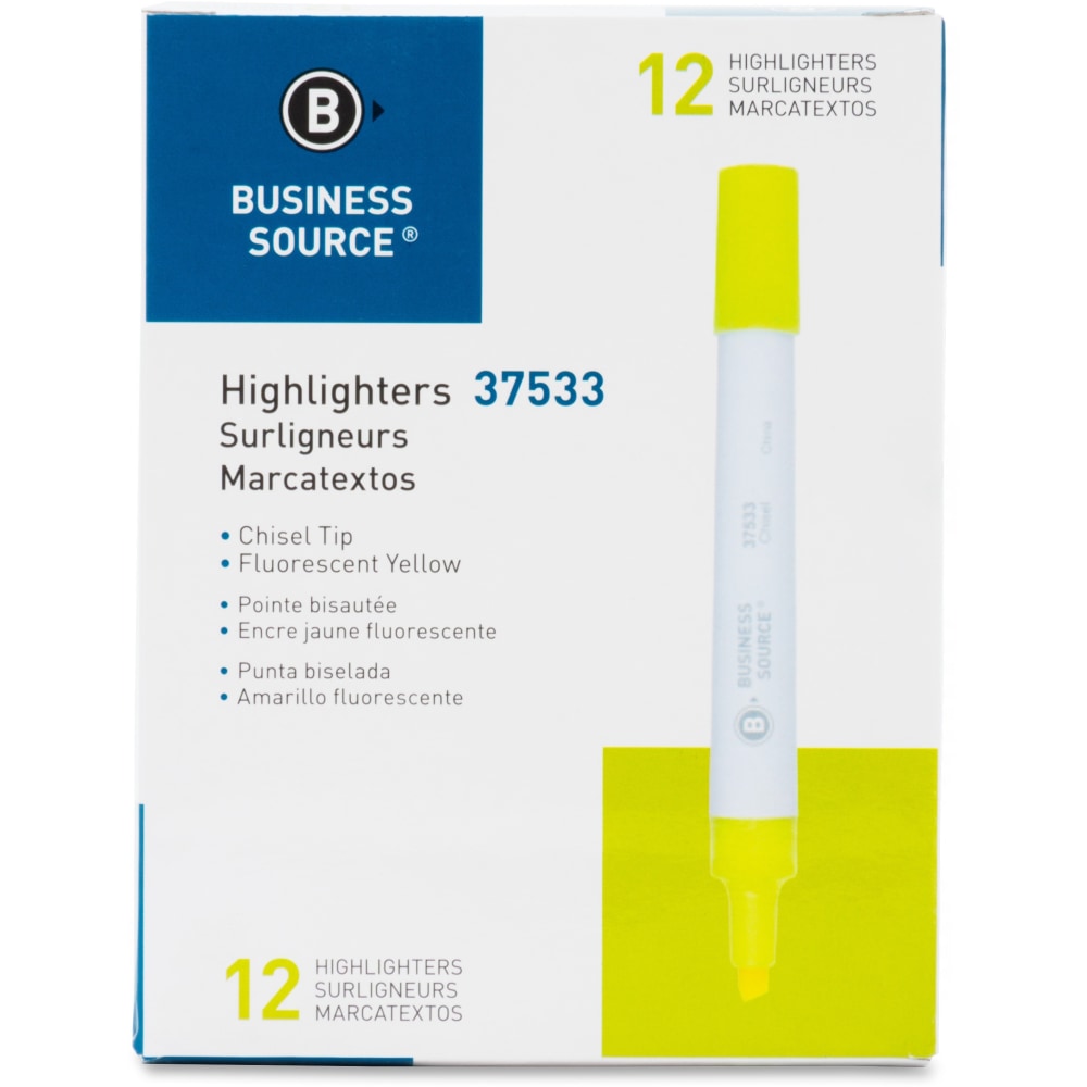 Business Source Value Highlighters, Chisel Point, White Barrel, Yellow Ink, Pack Of 12