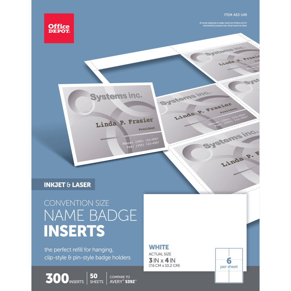 Office Depot Brand Badge Inserts, Convention Size, 3in x 4in, White, Pack Of 300