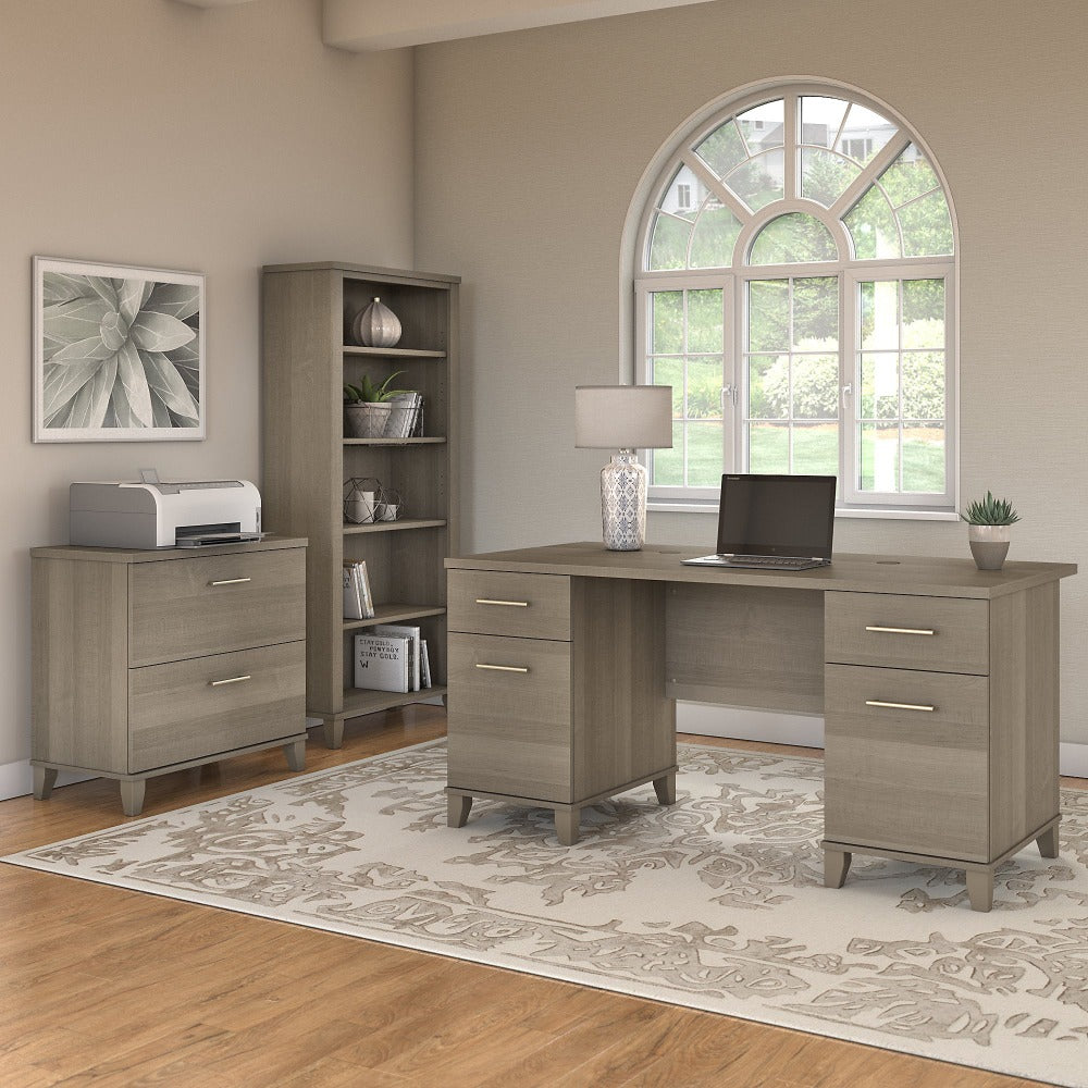 Bush Business Furniture Somerset 60inW Office Computer Desk With Lateral File Cabinet And 5 Shelf Bookcase, Ash Gray, Standard Delivery