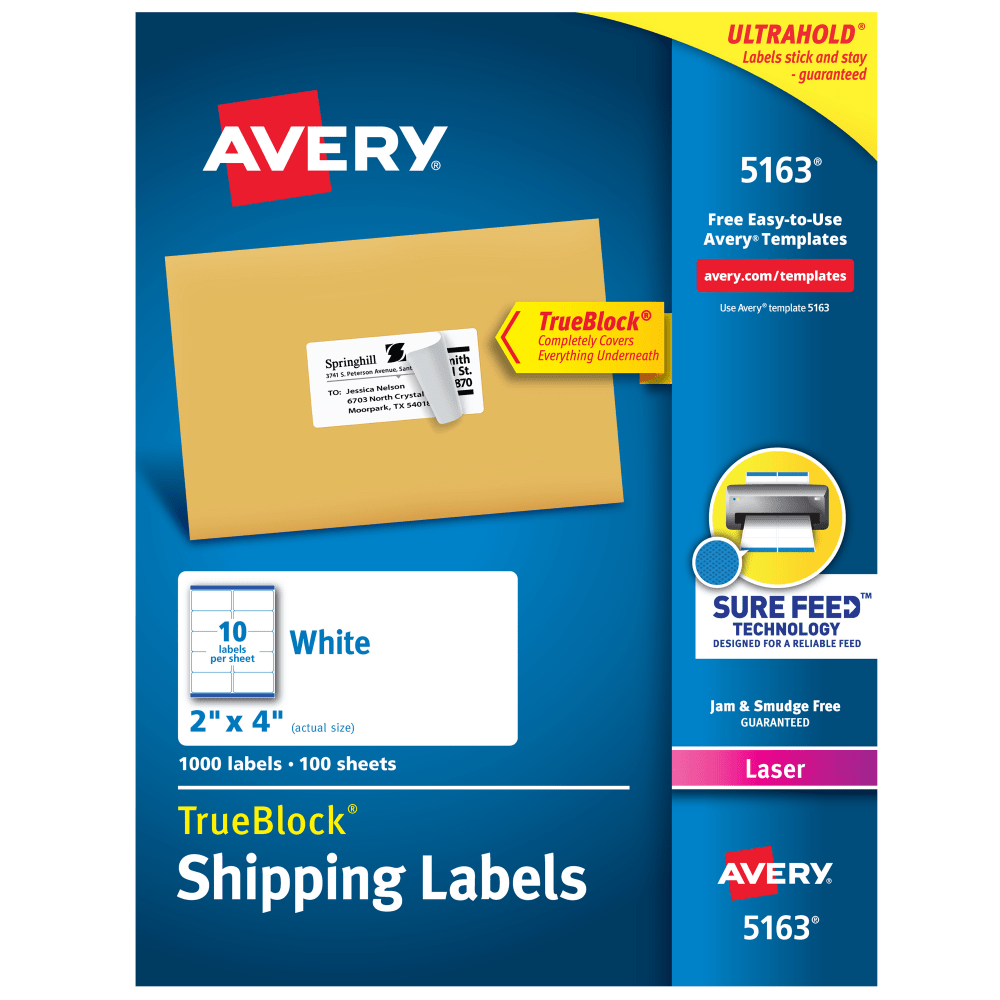 Avery TrueBlock Shipping Labels With Sure Feed Technology, 5163, Rectangle, 2in x 4in, White, Pack Of 1,000