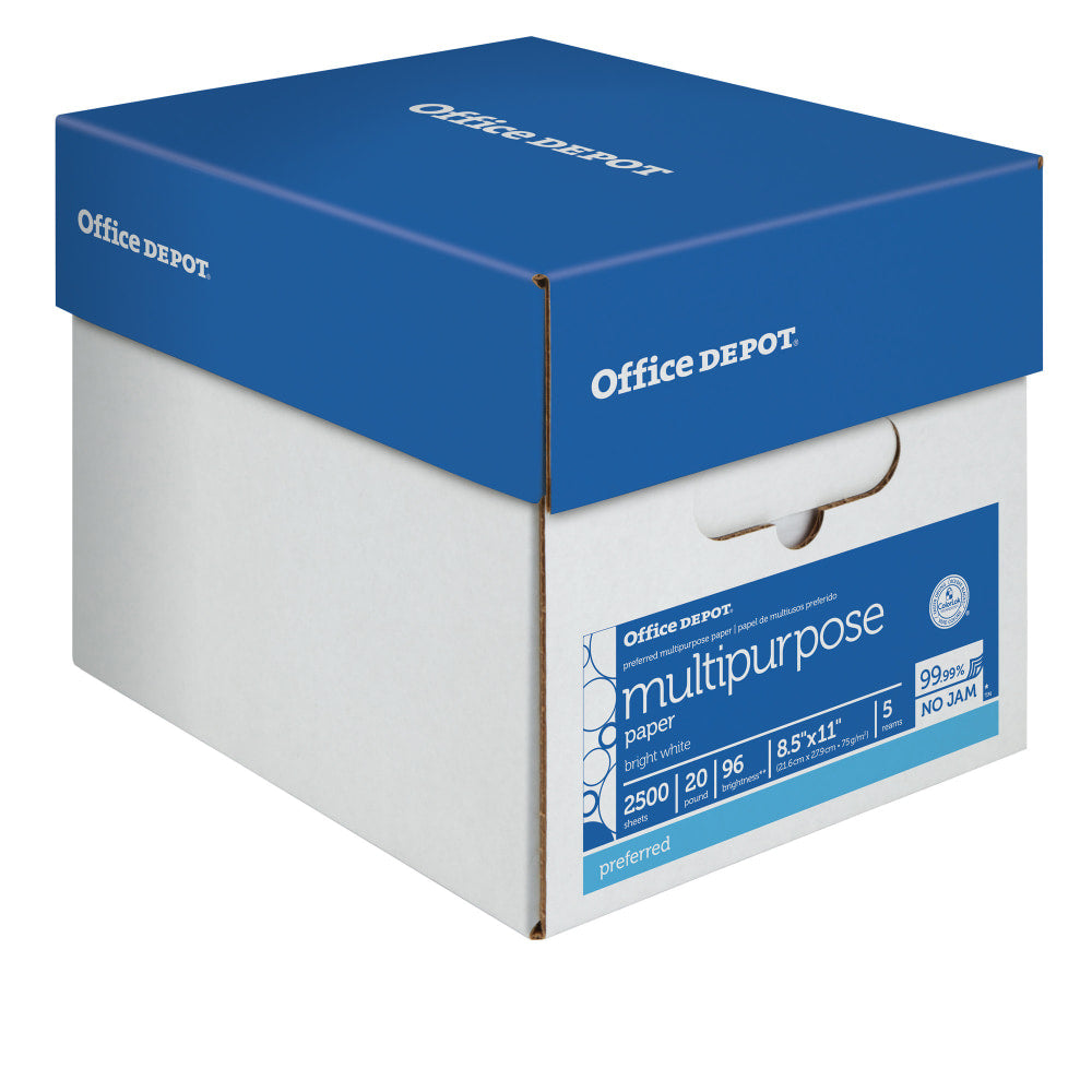 Office Depot Multi-Use Printer & Copy Paper, White, Letter (8.5in x 11in), 2500 Sheets Per Case, 20 Lb, 96 Brightness, 58288, Case Of 5 Reams