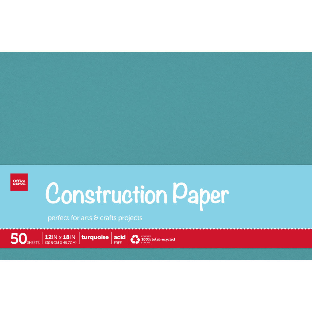 Office Depot Brand Construction Paper, 12in x 18in, 100% Recycled, Turquoise, Pack Of 50 Sheets