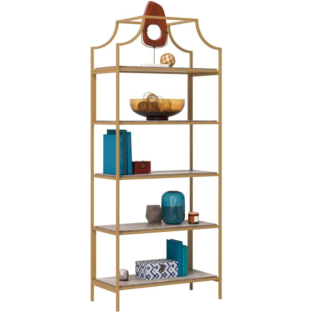 Sauder International Lux 71inH 5-Shelf Bookcase, Deco Stone/Satin Gold